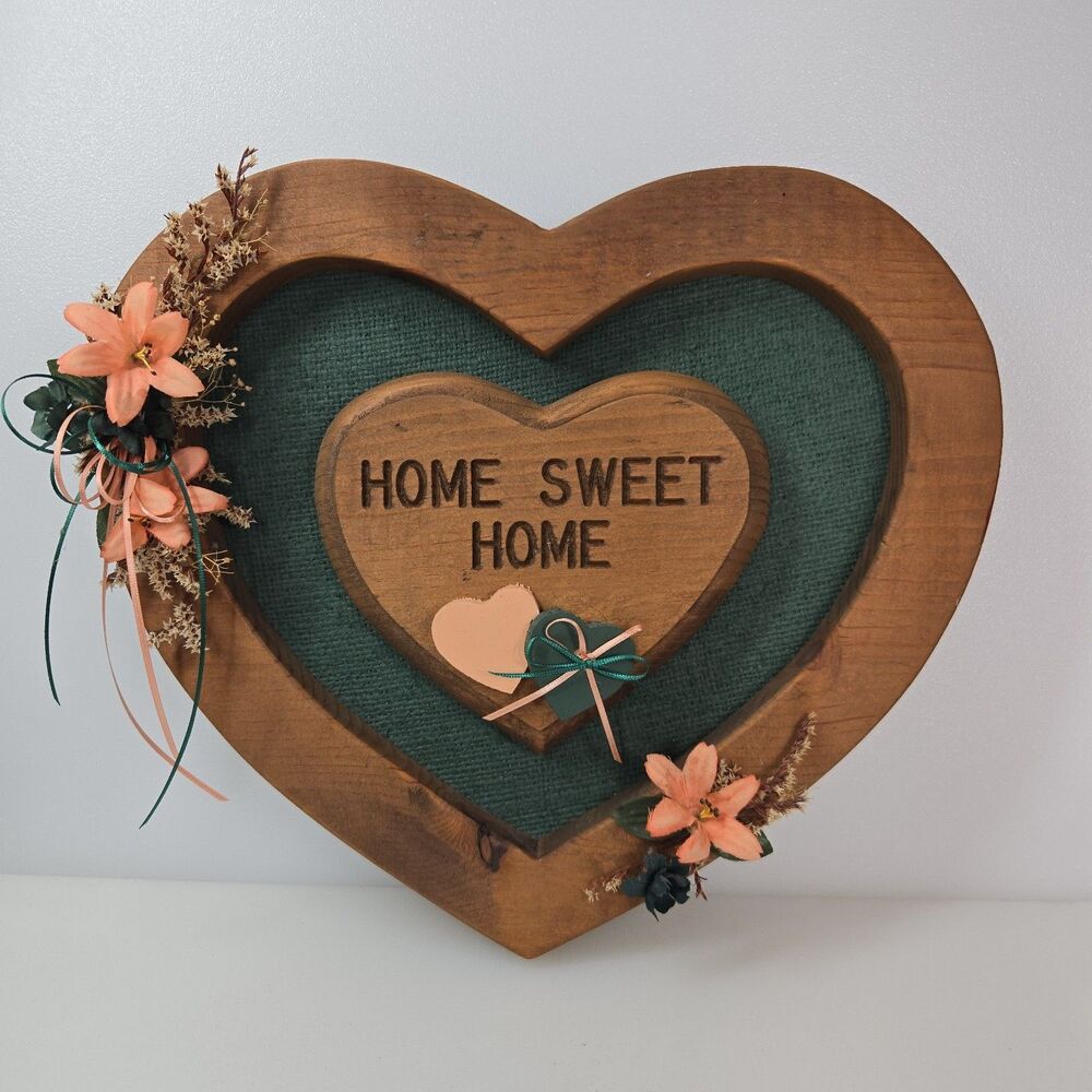 VTG Wood Heart Home Sweet Home Wall Decor Green Peach Cottagecore Grandmacore